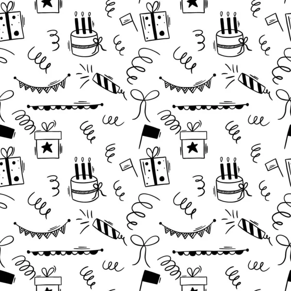 Happy Birthday Doodle schwarze Elemente nahtloses Muster mit Geburtstagstorte und Girlanden. — Stockvektor