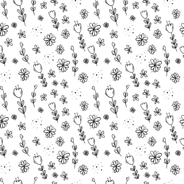 Doodle μαύρα λουλούδια περίγραμμα αδιάλειπτη μοτίβο σε λευκό. — Διανυσματικό Αρχείο