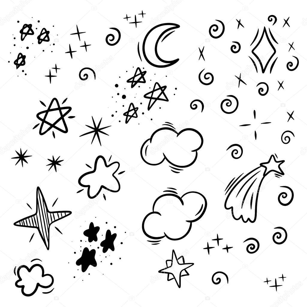 Night sky with stars doodle black set.