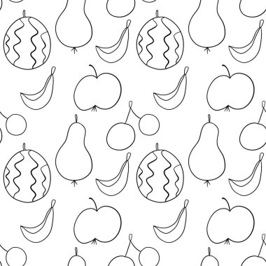 Elmalı, armutlu, karpuzlu, muzlu, kirazlı, dikişsiz siyah çizgili meyve deseni.