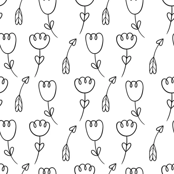 Μαύρο doodle περίγραμμα λουλούδια και βέλη αδιάλειπτη μοτίβο. — Διανυσματικό Αρχείο
