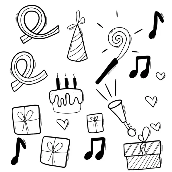 Feliz aniversário doodle elementos pretos conjunto com bolo de aniversário e guirlandas. — Vetor de Stock