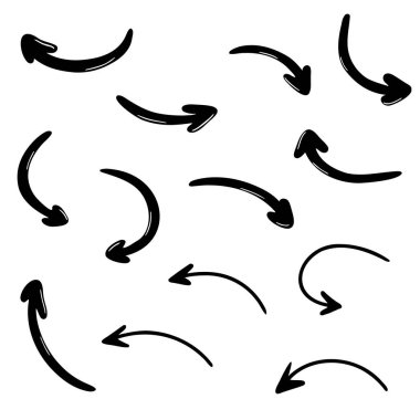 Siyah oklar ayarlandı. Beyaz arkaplanda vektör tasarımı ögeleri.