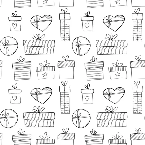 Esquema negro doodle cajas de regalo patrón sin costuras sobre fondo blanco. — Archivo Imágenes Vectoriales