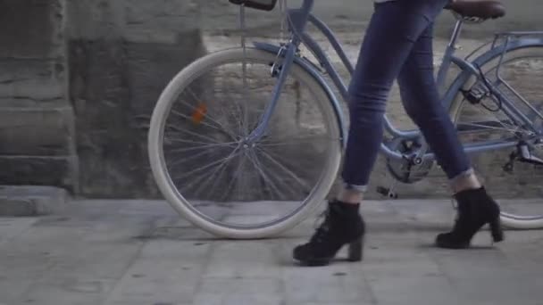 Girl Black Heeled Boots Pushing Her Bicycle Sidewalk Crop Shot — Stockvideo