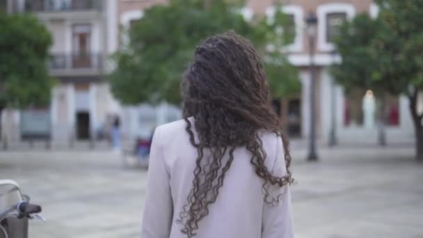 Back View Girl Curly Long Hair Waling Park Follow Shot — Stok video