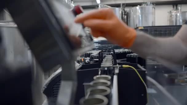 Workers Hand Glove Operate Set Canning Machine Beer Factory Close — Stok video