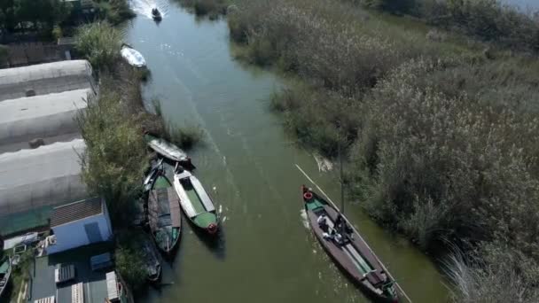 Aerial Drone Footage Boats Tourists Visit Natural Park Albufera Valencia — Stock video
