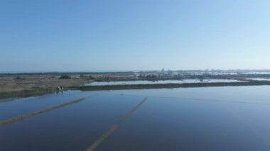 Tarlaların, tarım arazilerinin ve suların mavi gökyüzü ile suya batırılmasının, İspanya 'daki Albufera doğal parkında beyaz bulutların güzel hava aracı görüntüsü. - 4K Yatay Görüntü