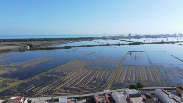 Aerial Drone Footage Agricultural Fields Village Submerged Water Blue Sky — Vídeos de Stock