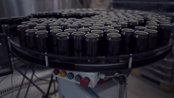 ビール工場で移動中のコンベア上でビール缶 クローズアップ 4K水平ビデオ — ストック動画