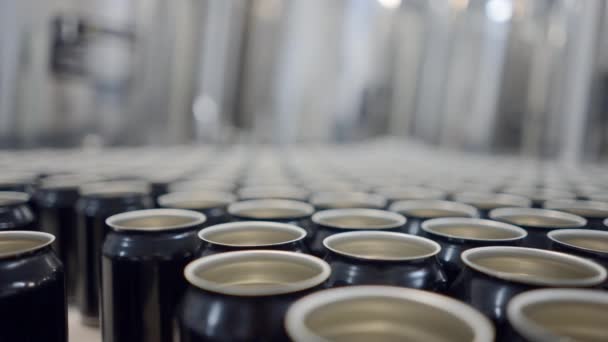 Empty Beer Cans Conveyor Factory Rack Focus Horizontal Video — Videoclip de stoc
