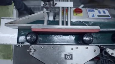 Bira Fabrikasında Etiket İşlemi. Etiketleme için konserveler dolusu bira. üstten çekim - 4K Yatay video