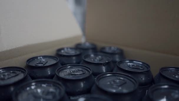 Свіжа Партія Пива Консервована Упакована Пивній Фабриці Крупним Планом Горизонтальне — стокове відео