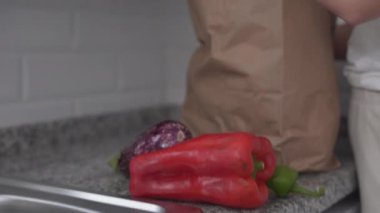 Girl Is Holding Paper Bag With Various Vegetables From The Market. Tracking Shot - Horizontal