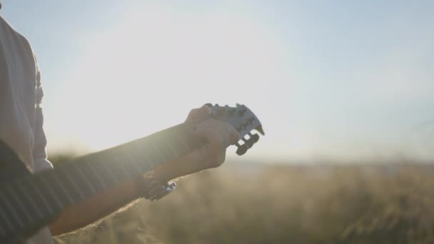 男子吉他手在夕阳西下的草地上弹奏吉他 背光射击 水平4K视频 — 图库视频影像