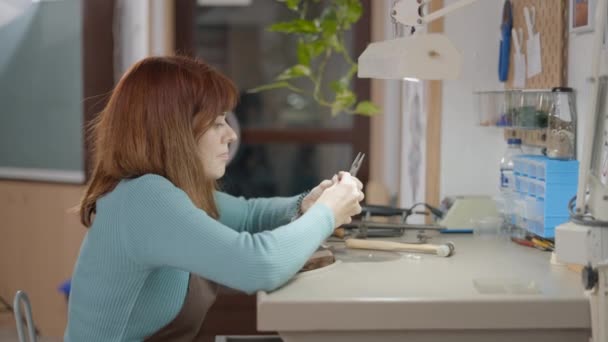 Female Jeweler Focused Crafting Jewel Ornament Pets Sideview Closeup Horizontal — Stok video
