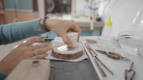 Pintura Óleo Esparcida Mano Femenina Rodajas Madera Joyería Para Mascotas — Vídeos de Stock