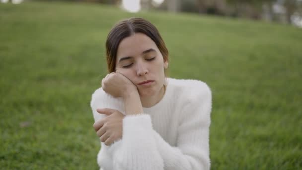 Young Exhausted Woman Sits Grass Resting Head Hands Shut Eyes — Wideo stockowe