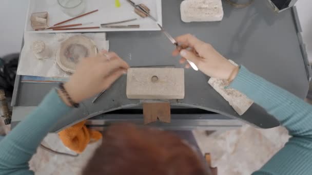 Top View Small Business Female Jeweler Working Studio Overhead Shot — Stock video