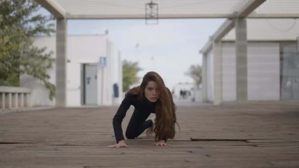 Young Woman Outdoors Moves All Fours Cat Static Ground View — Vídeo de stock