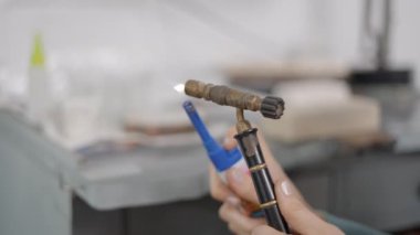 Jeweler Lit The Metal Melting And Soldering System With Blowtorch. Selective Focus Shot 4K Horizontal video