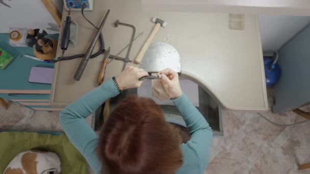 Overhead Shot Artistic Woman Her Working Table Creating Handmade Jewel — Stock Video