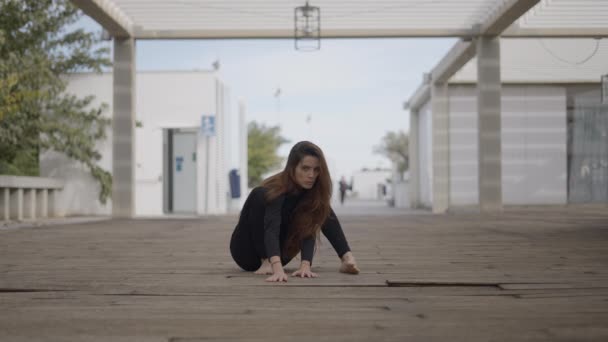 Young Woman Sits Wooden Bridge Begins Crawling Camera Horizontal Video — 图库视频影像