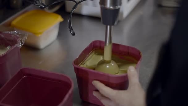 Close Side View Chef Mixing Sauce Immersion Blender Kitchen Horizontal — Video Stock