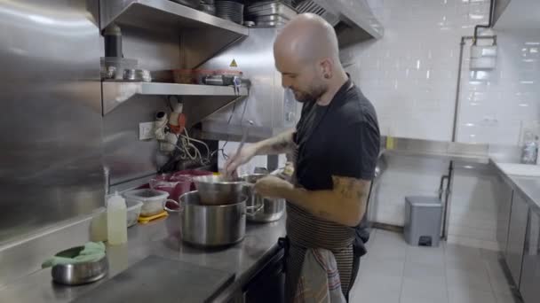 Metade Corpo Vista Lateral Chef Masculino Que Trabalha Cozinha Restaurante — Vídeo de Stock