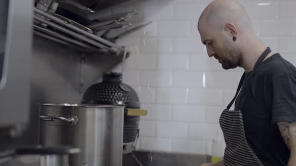 Male Chef Works Stove Restaurant Kitchen Half Body Side View — Stockvideo