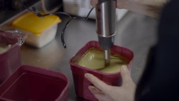 Chef Uses Metal Immersion Blender Mix Sauce Container Kitchen Horizontal — Stock video