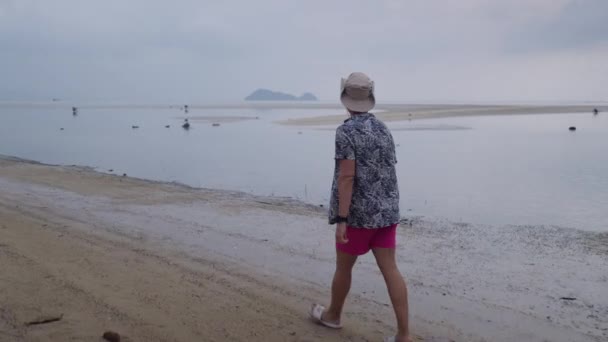 Brodaty Podróżnik Trzydziestce Spacerujący Piaszczystej Plaży Nad Morzem Pochmurny Dzień — Wideo stockowe