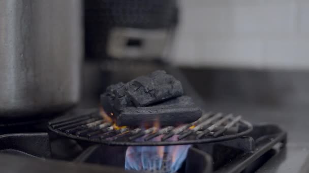 Charcoal Burns Grill Grate Gas Stove Indoors Close Side View — Stok video