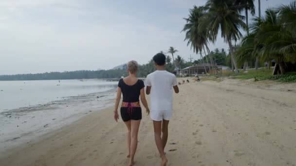 Back View Interracial Couple Walking Exotic Island Beach Sunset Horizontal — Stock video