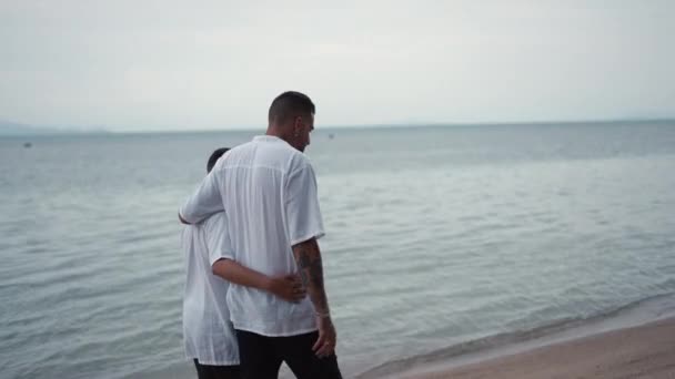 Married Gay Couple Men Walk Sea Beach Honeymoon Trip Back — Stock Video