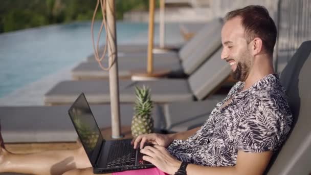 Young Adult Man Having Pleasant Conversation Friends Video Call Laptop — Vídeo de Stock