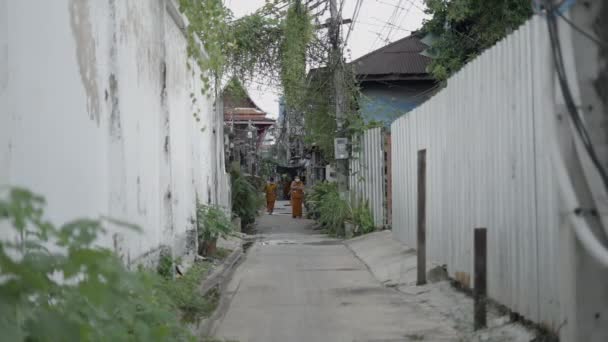 Grupo Divertidos Jóvenes Monjes Tailandeses Caminando Por Calle Rural Bangkok — Vídeo de stock