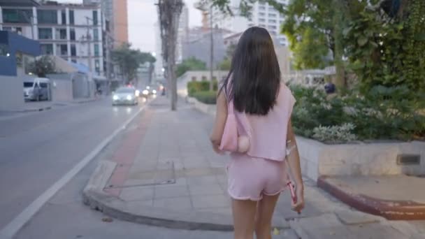 Fille Marche Sur Route Colère Caméra Suit Par Derrière Vidéo — Video