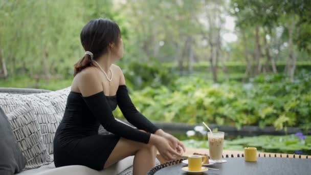 Cinematic View Beautiful Young Woman Having Coffee Looking Nature Horizontal — Stok video