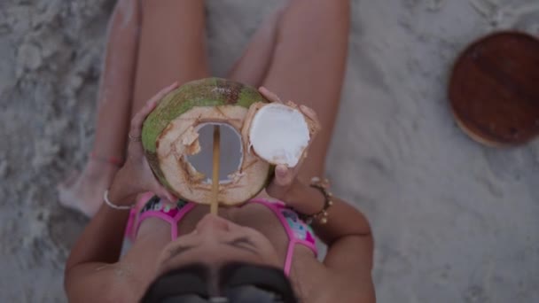 Woman Drinking Fresh Coconut Water Straw Beach Fun Vacation Sunset — Vídeos de Stock