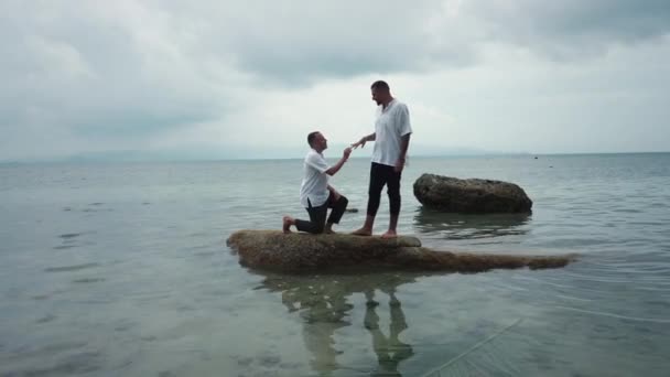 Man Marriage Proposal Marry Propose Marriage Proposal Knee Stand Rock — Vídeo de Stock