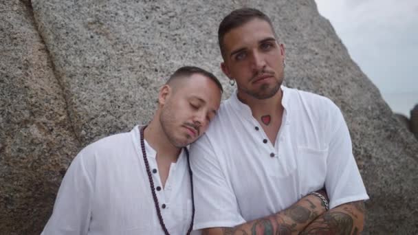 Gay Couple Closed Eyes Resting Leaning Each Other Shoulder Rock — Stok video