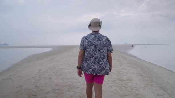 Widok Tyłu Dorosłego Mężczyzny Turysty Spacerującego Nad Morzem Piaszczystej Plwocinie — Wideo stockowe