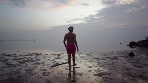 Επιστροφή Άποψη Του Silhouetted Άτομο Ταξιδιώτη Πόδια Προς Θάλασσα Απολαμβάνοντας — Αρχείο Βίντεο