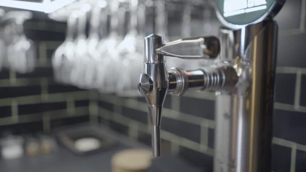 Close Pan Metal Tap Estrella Galicia Beer Glasses Bar Horizontal — Vídeo de Stock
