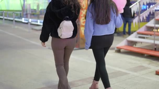 Back View Two Girls Candy Floss Walking Country Fair Others — Stockvideo