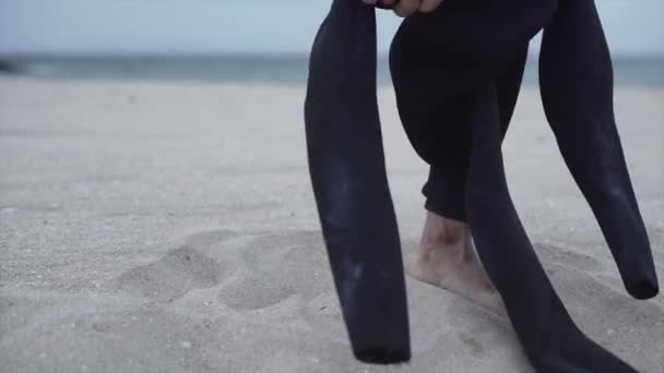 Cropped View Man Wearing Wetsuit Sandy Beach Mallorca Island Spain — Stockvideo