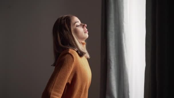Young Woman Looks Out Window Smiles Camera Horizontal Video — Vídeo de Stock