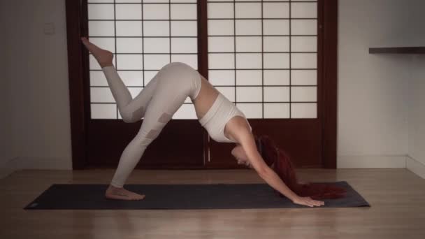 Beautiful Young Adult Sportswear Doing Stretch Breathing Exercises Horizontal Video — Stockvideo